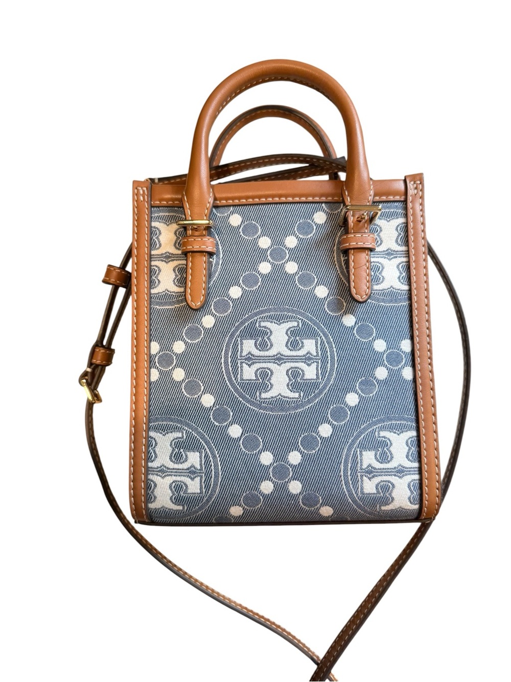 Tory Burch Mini T Monogram Denim North/South Tote Bag – Indigo/Tan - Picture 4 of 9